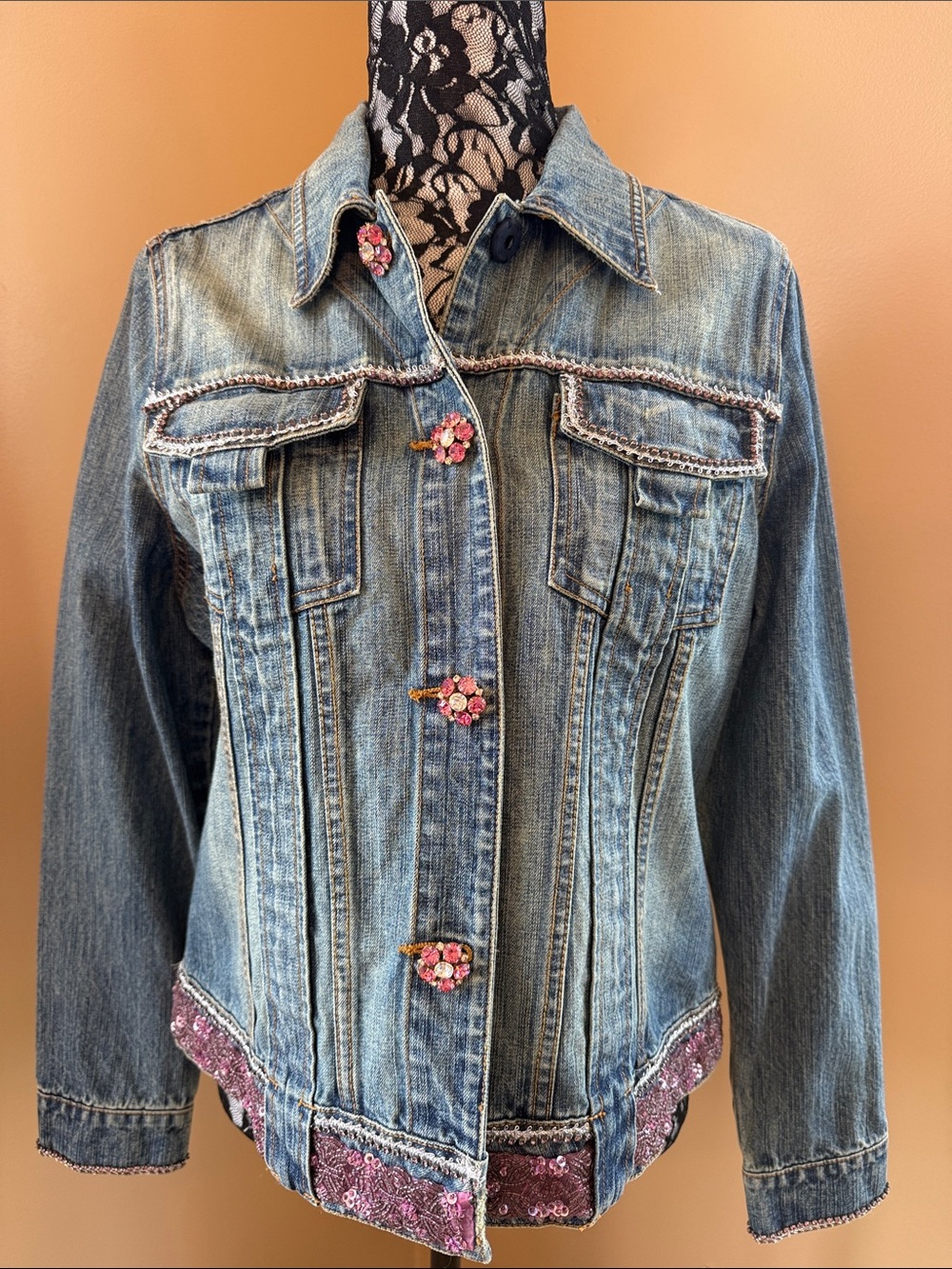 NWOT Berek Blue Denim Jacket with Pink Floral Buttons size Medium-Never Worn